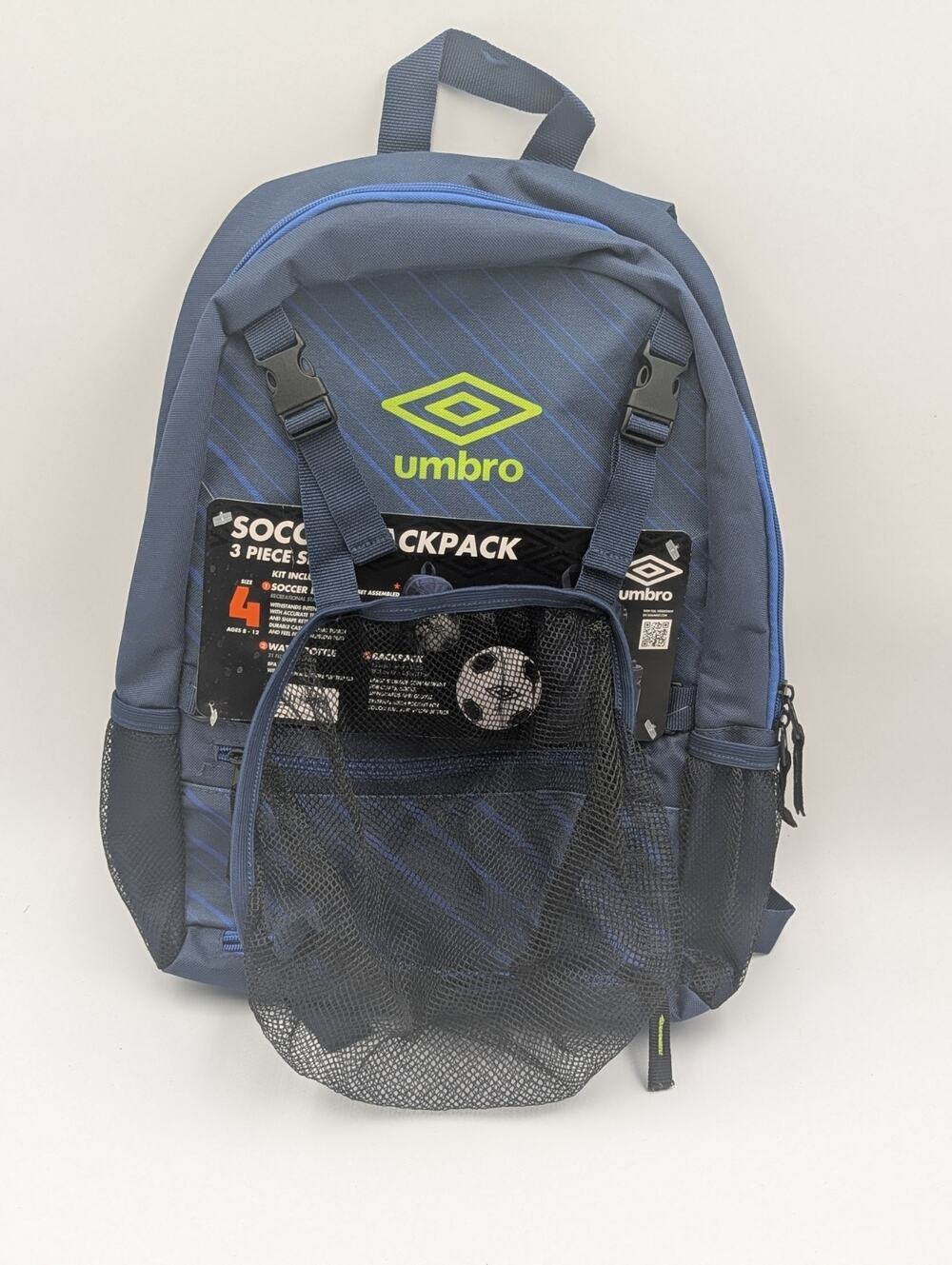 Umbro 16" Soccer Backpack With Front Mesh Ball Pocket & Bottle Holder bag New
